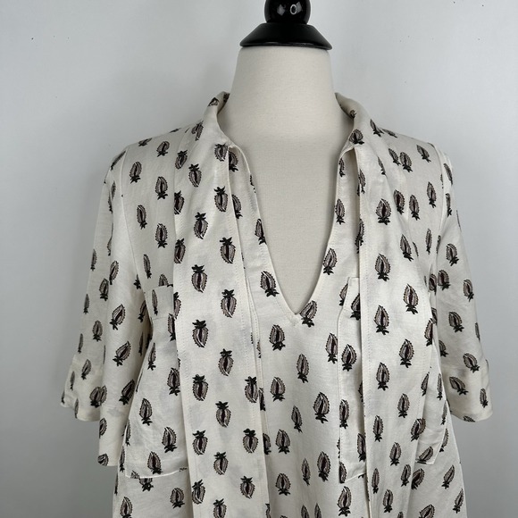 NWT Banana Republic‎ Viscose Linen Tie Neck Top SMALL Block Print Relaxed Blouse - Picture 9 of 17